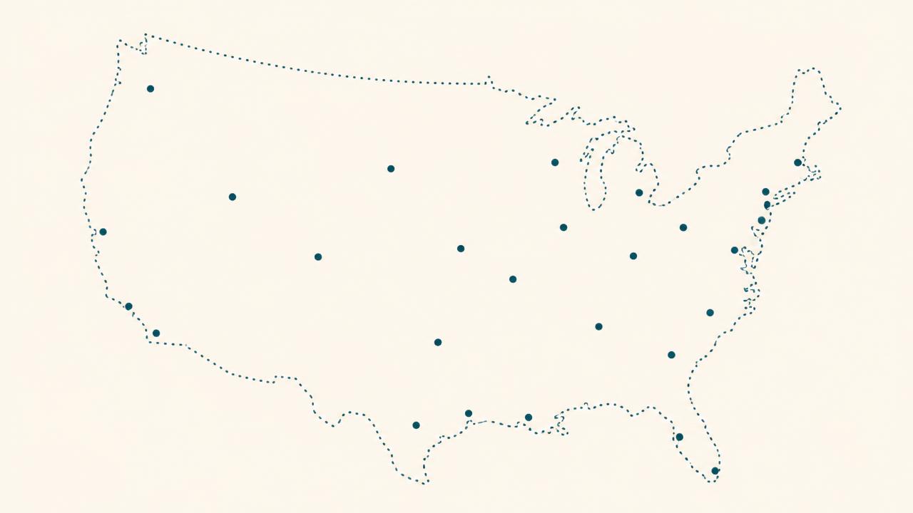 Map of the United States marking the university cities where Salt Network churches are planted